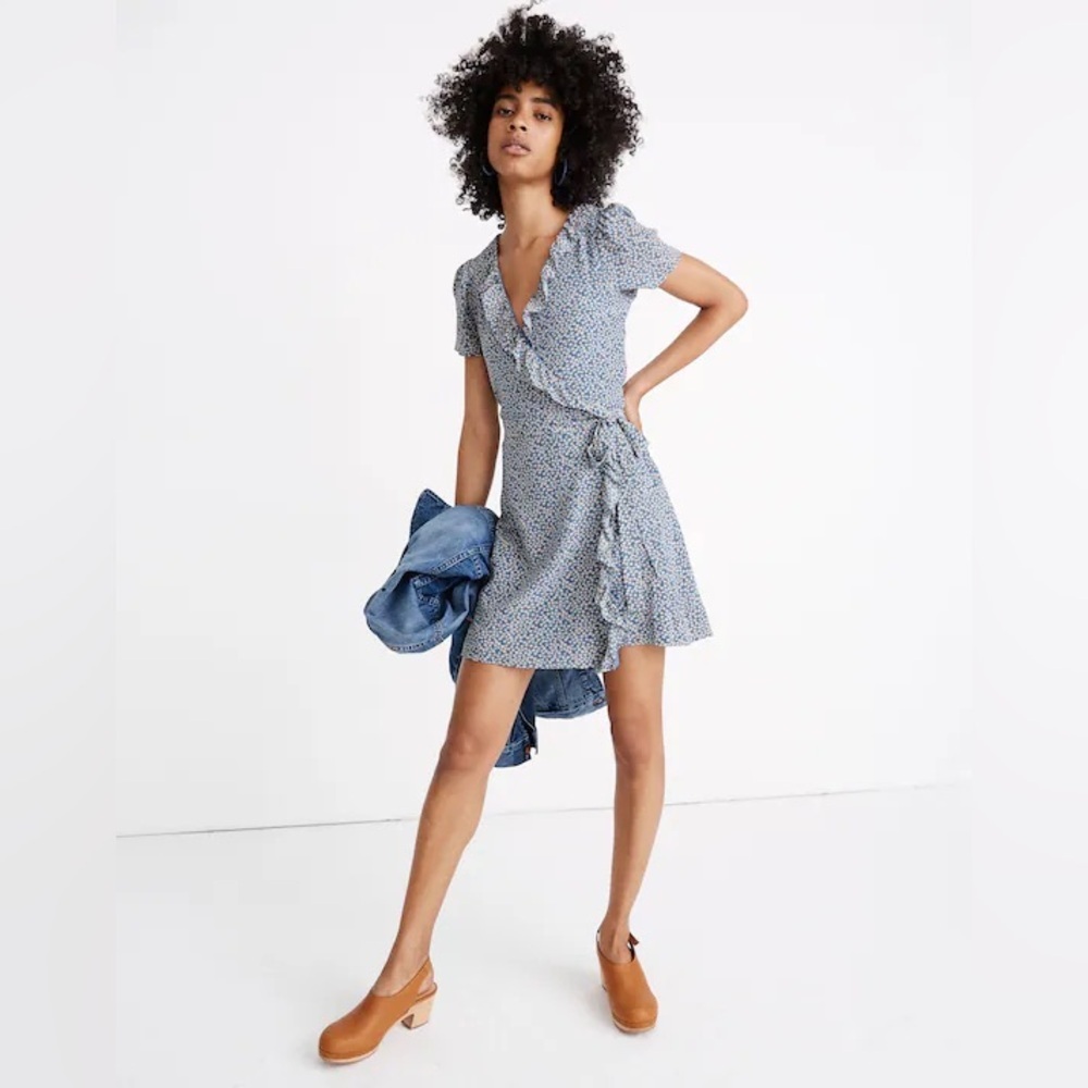 Madewell Silk Wrap Dress Blue Bitsy Floral Ruffle Feminine Size L